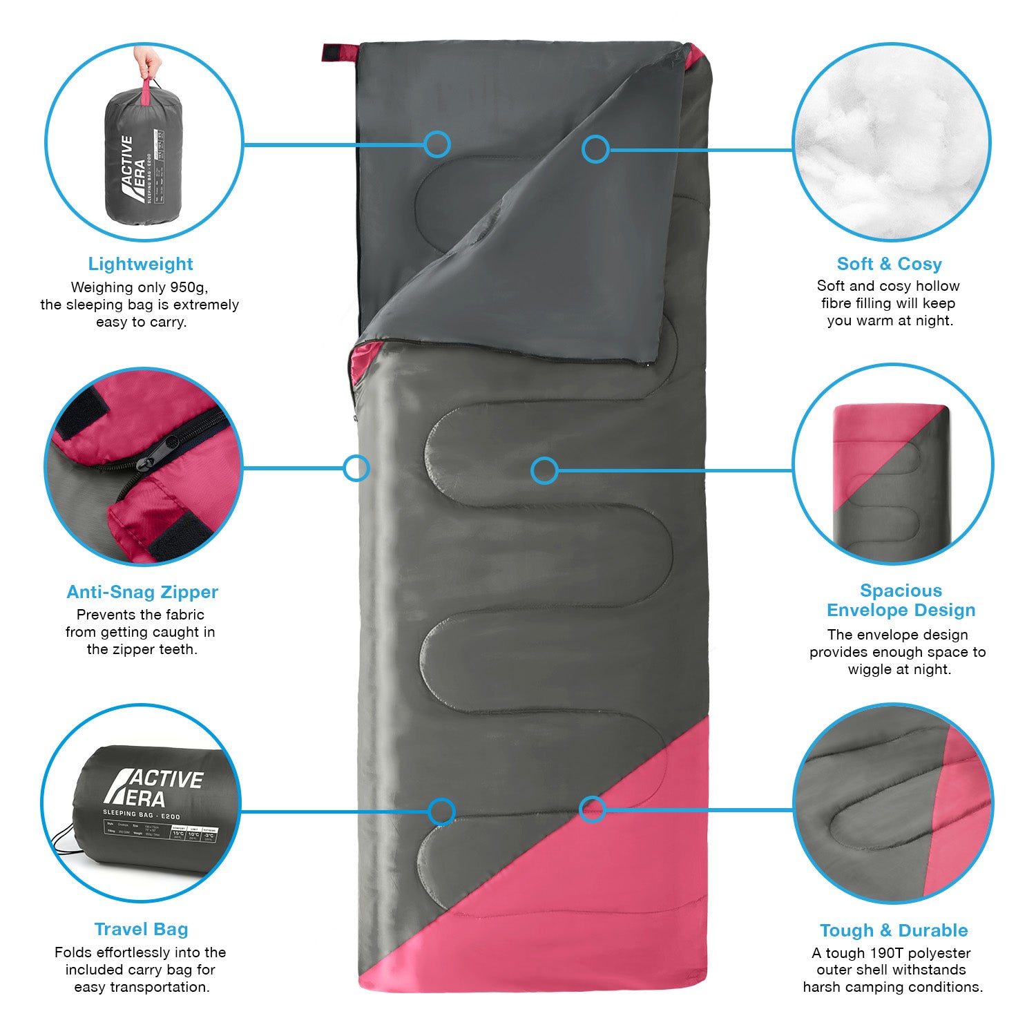 Lightweight Summer Sleeping Bag – 200GSM Compact Envelope Design - 2 Seasons - Pink