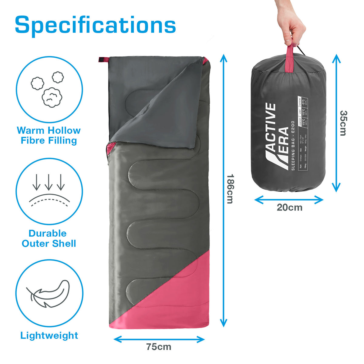 Lightweight Summer Sleeping Bag – 200GSM Compact Envelope Design - 2 Seasons - Pink