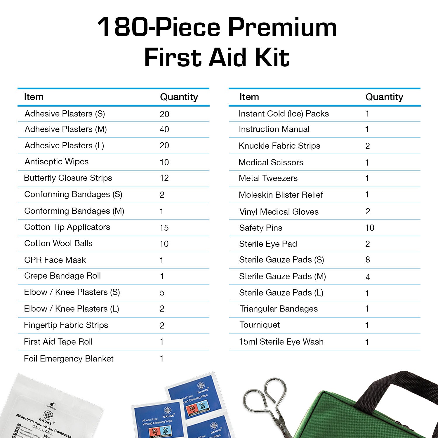 180 Piece Premium First Aid Kit Bag – Green