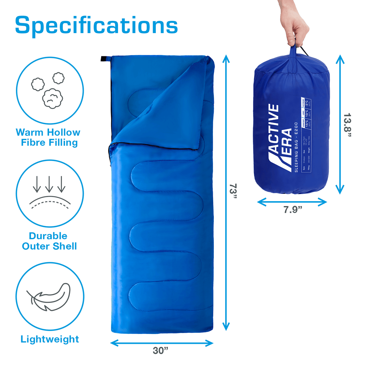 Lightweight Summer Sleeping Bag – 200GSM Compact Envelope Design - 2 Seasons - Blue