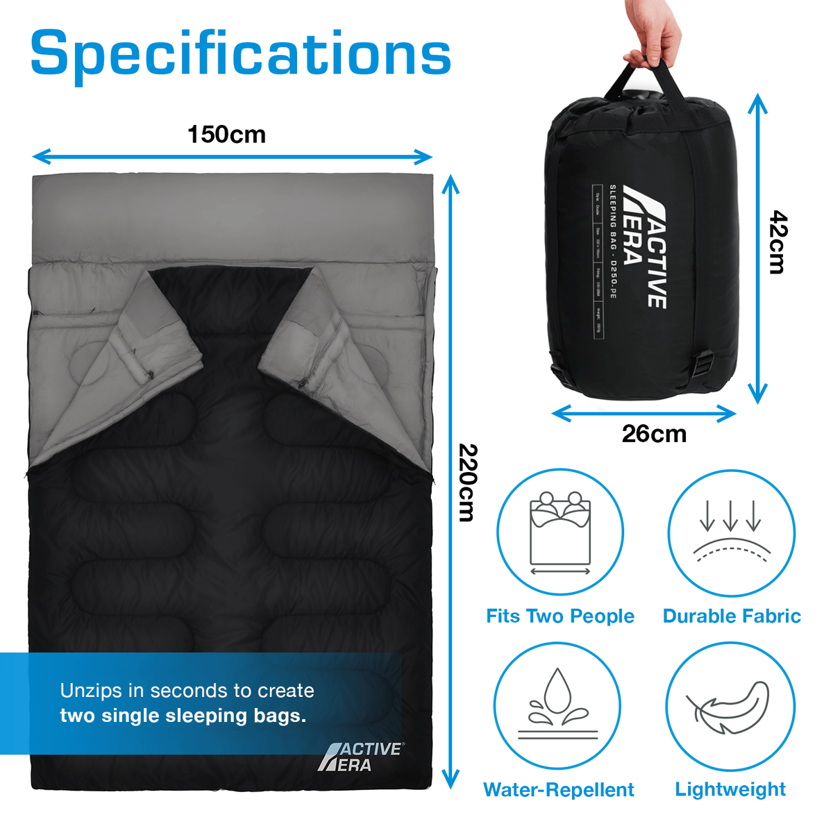3 Season Double Sleeping Bag – 250GSM with Pillows & Convertible Design - Black