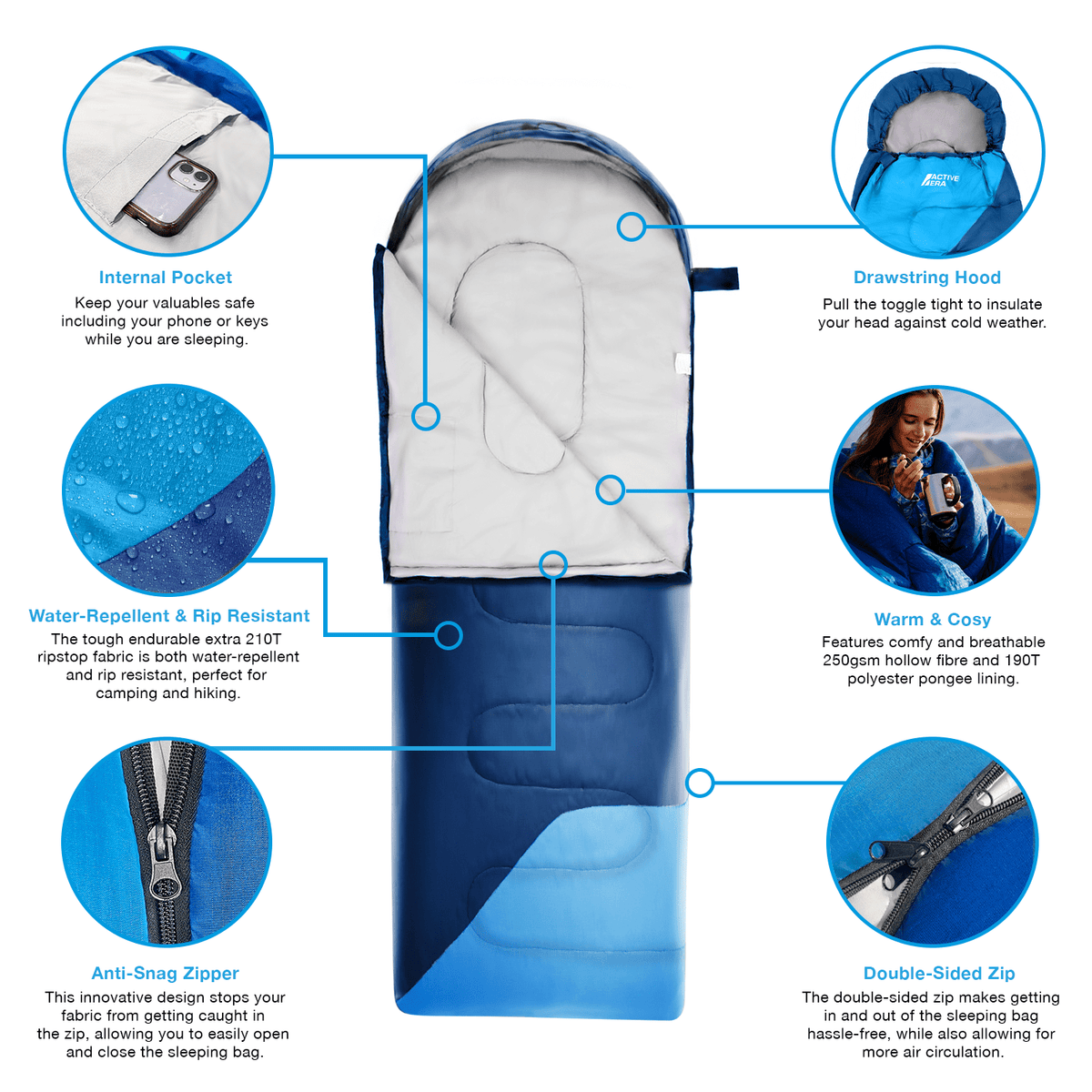 Premium Lightweight Waterproof Sleeping Bag – Compact 250GSM for Mild Weather - Blue
