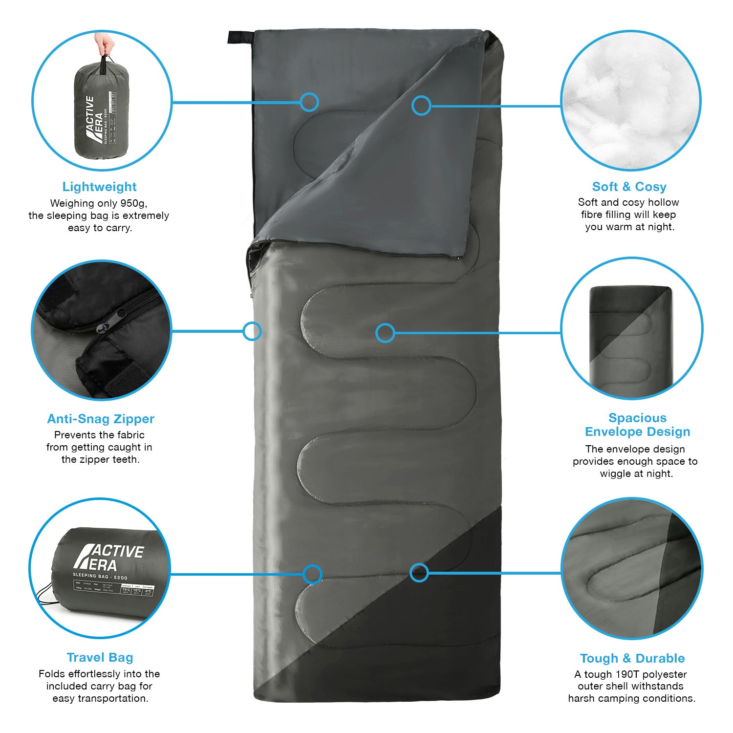 Premium Warm Lightweight Envelope Sleeping Bag (200 GSM) - 2 Seasons - Black