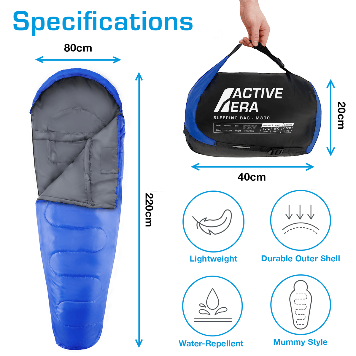 3–4 Season Mummy Sleeping Bag – Extra Warm 300GSM with Hood & Compression Sack - Blue